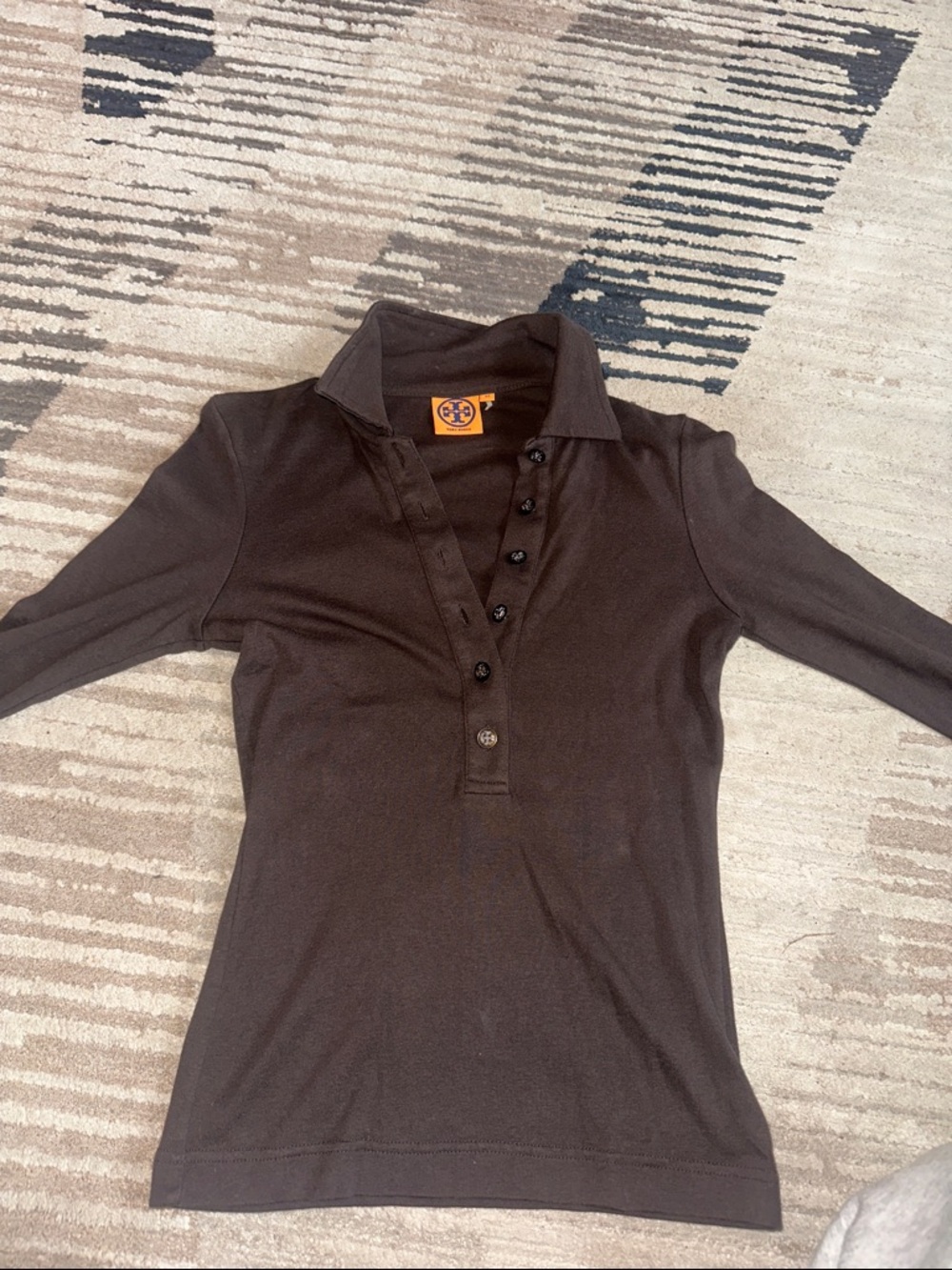 Tory Burch Dark Brown Polo Shirt with Orange Logo Tag size xs